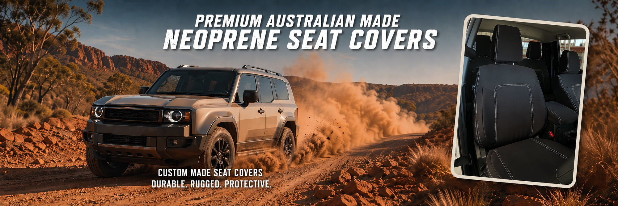 4wd driving through a desert landscape with text about premium Australian made neoprene seat covers.