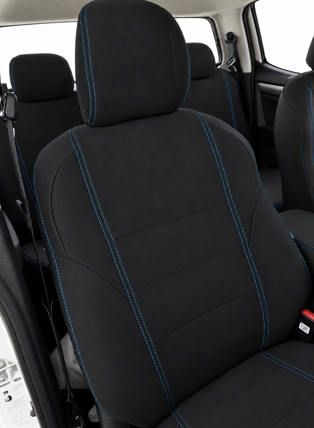 Front view of drivers seat with blue stitching