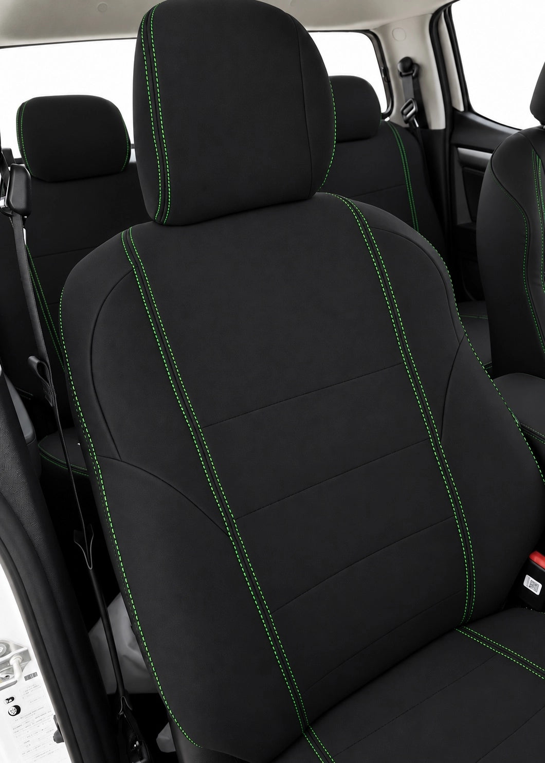 Front view of drivers seat with green stitching