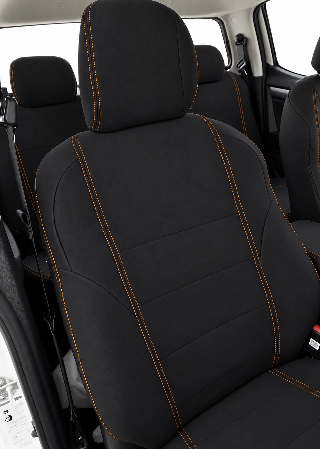 Front view of drivers seat with orange stitching