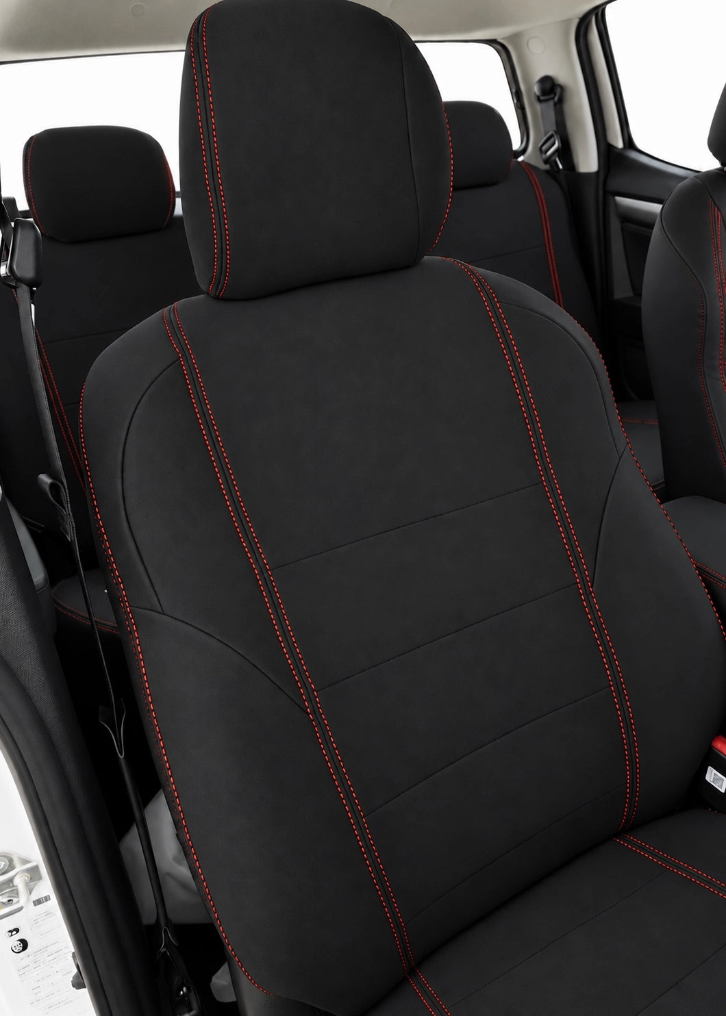 Front view of drivers seat with red stitching