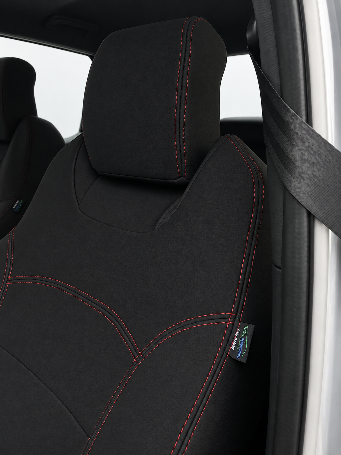 Ford Next-Gen Everest neoprene car seat covers front zoomed in view of passenger backrest and head rest section