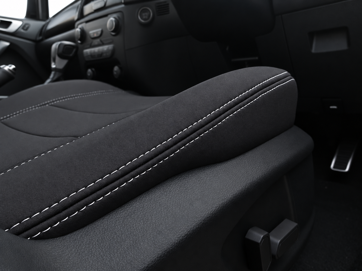 Ford Next Gen Ranger Raptor neoprene car seat cover zoomed in side view of drivers cushion section showing white stitching