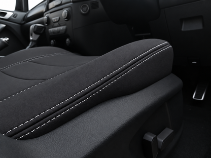 Ford Next Gen Ranger Raptor neoprene car seat cover zoomed in side view of drivers cushion section showing white stitching