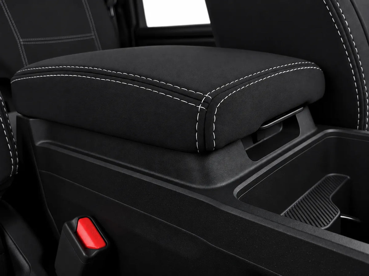 Kia Tasman X-Line neoprene car seat covers view of center console