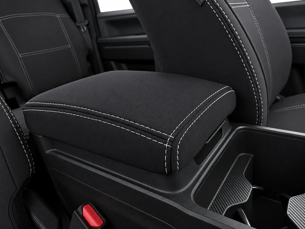Kia Tasman X Pro neoprene car seat covers view of center console