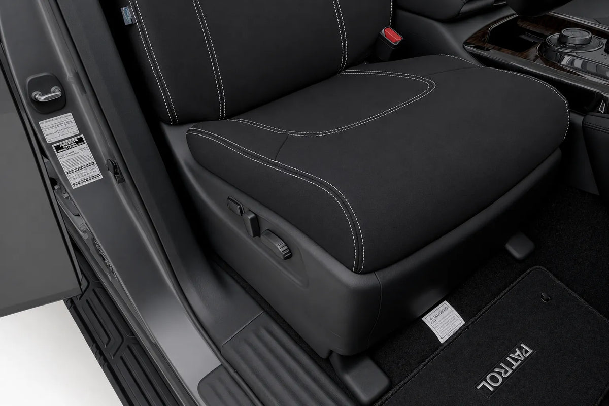 Nissan Patrol Y62 STL/TI Warrior neoprene car seat covers view of front seat cushion