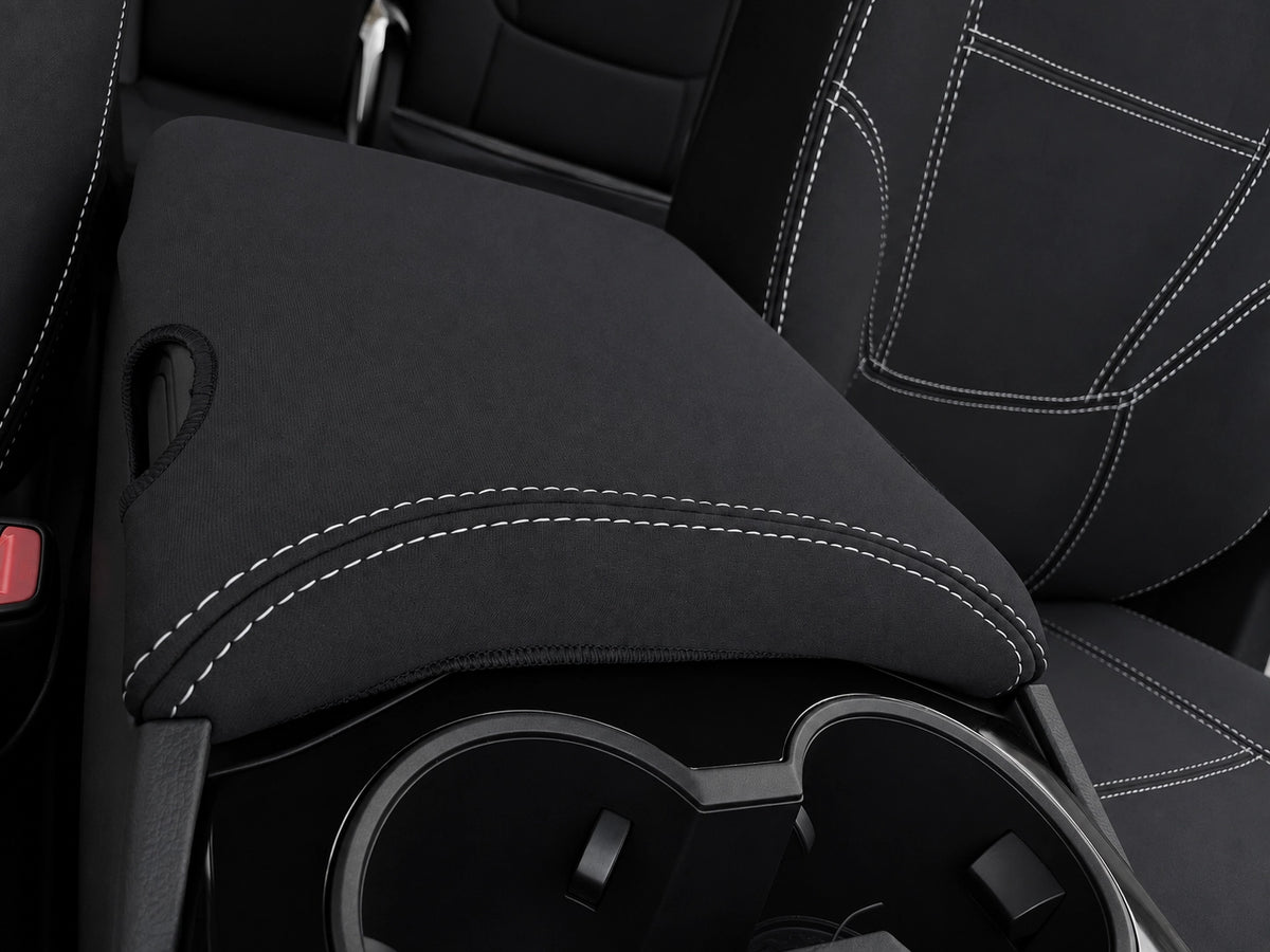 Toyota Landcruiser 300 series GXL Series 1 neoprene car seat covers front view of centre console cover