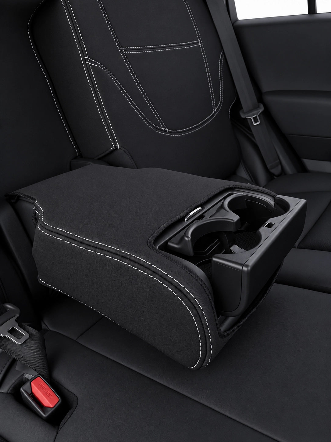 Toyota Landcruiser 300 series GXL Series 2 neoprene car seat covers view of second row armrest folded down with cup holder open