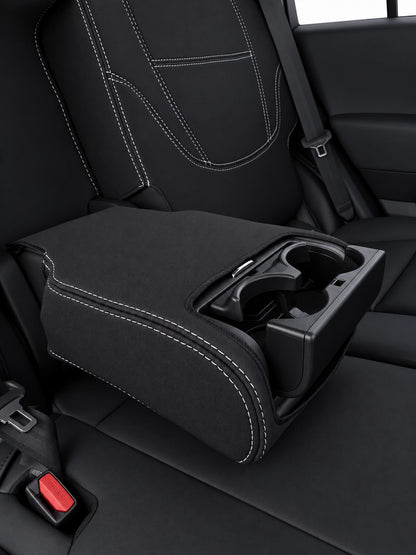 Toyota Landcruiser 300 series GXL Series 2 neoprene car seat covers view of second row armrest folded down with cup holder open